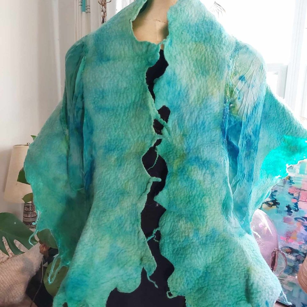 Gorgeous felted + silk green-blue handmade scarf/shawl/wearable art! - 52 x  12"